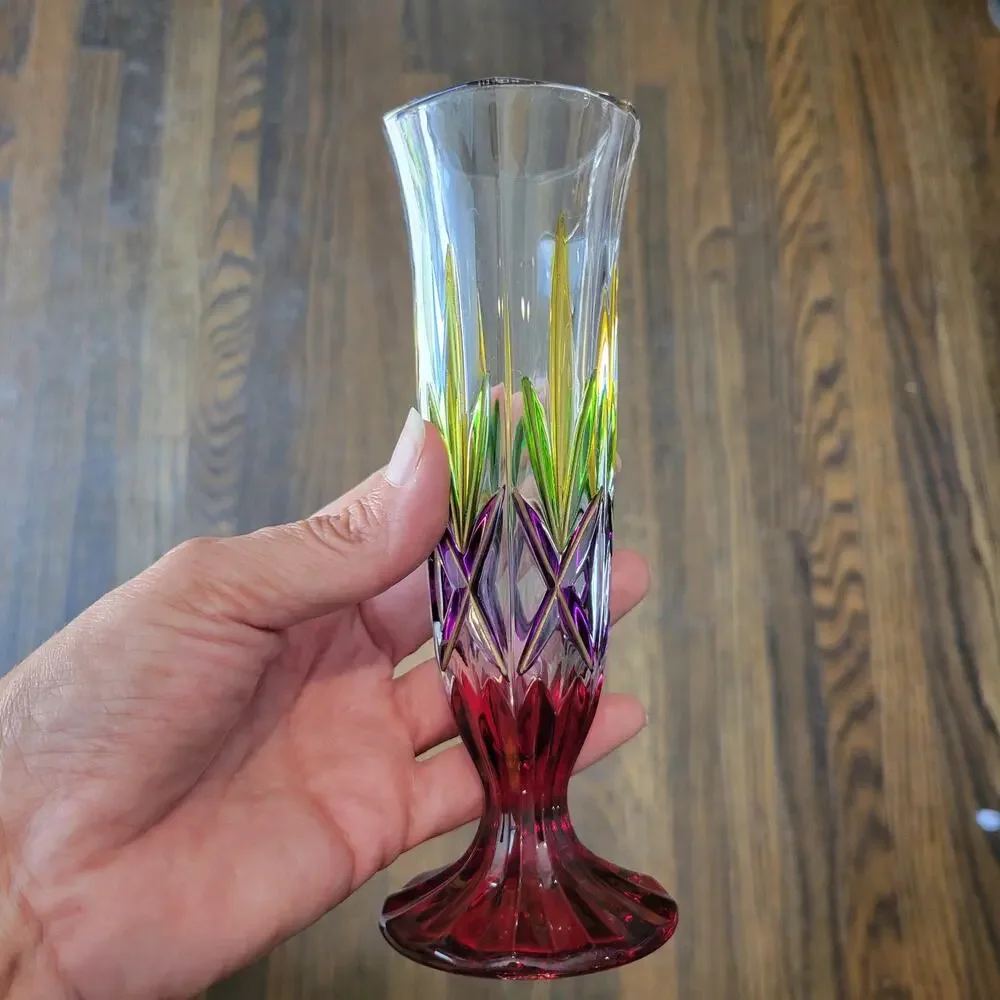 Rainbow Multicolor Art Glass Vase – Heavy, Hand‑Cut, Gold Accents – Unmarked
